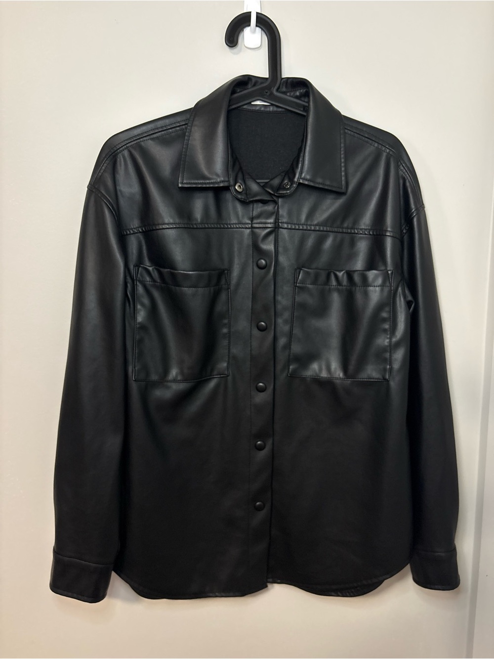 Black Faux Leather Light Jacket, Button Up Closure And Front Pocket Details